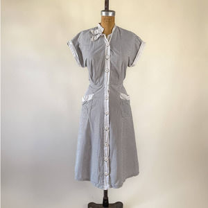 40s Vintage Alamo Grey Cotton Striped Dress | S-M